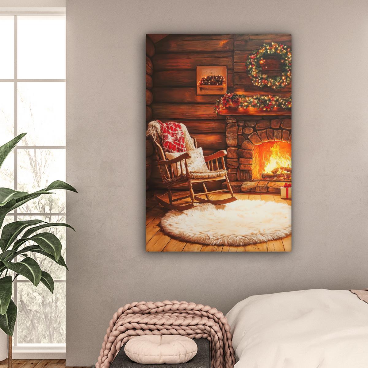 LEINWANDBILD Winter - Weihnachten - Zuhause - Kamin Deko XXL 80x120 cm - Bernsteinfarben, Textil (80/120cm) - MuchoWow