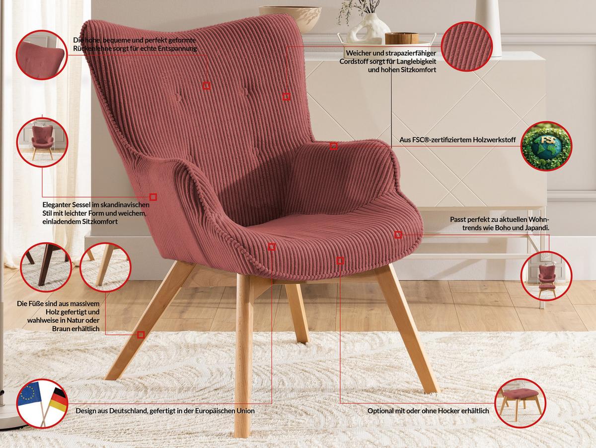 LOUNGESESSEL Lenari Terrakotta Cordstoff mit Füßen in Natur - Terracotta/Naturfarben, Holz/Textil (71/96/86cm) - S-Style Möbel