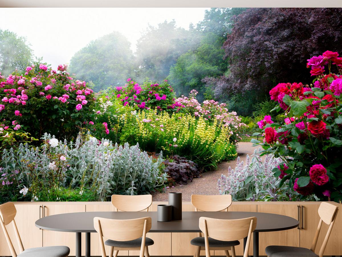 FOTOTAPETE für Schlafzimmer Bunte Blumen Waldweg Rosen Bäume 500x350 - Gelb/Violett, Papier (500/350cm) - Muralo