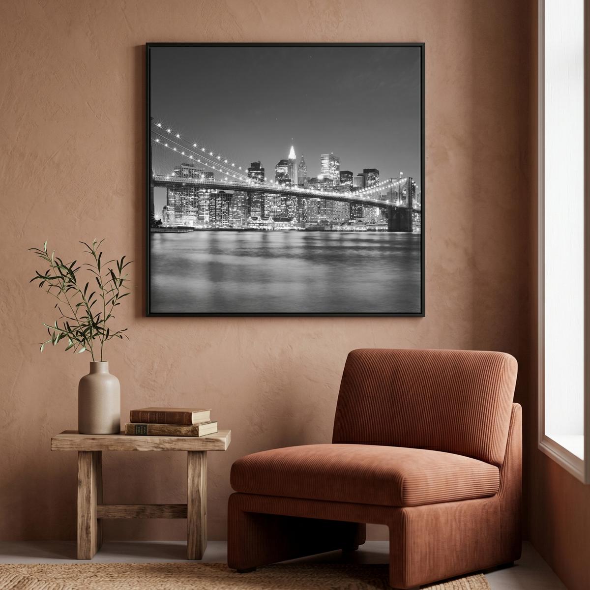 LEINWAND Bilder mit Rahmen - New York - Brücke - Brooklyn - Schwarz und weiß - Architektur - 90x90 - Schwarz, Textil (90/90cm) - MuchoWow