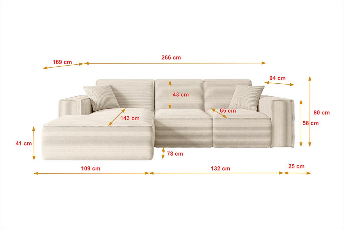 ECKSOFA Ottomane Rechts SERRA-L - 266x169x80 cm Beige Velours - Beige/Schwarz, Holzwerkstoff/Kunststoff (266/169cm) - ALTDECOR