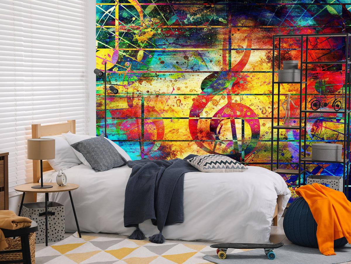 FOTOTAPETE für Jugendzimmer Bunte Abstrakte MUSIC Graffiti NOTEN 300x210 - Türkis/Gelb, Papier (300/210cm) - Muralo