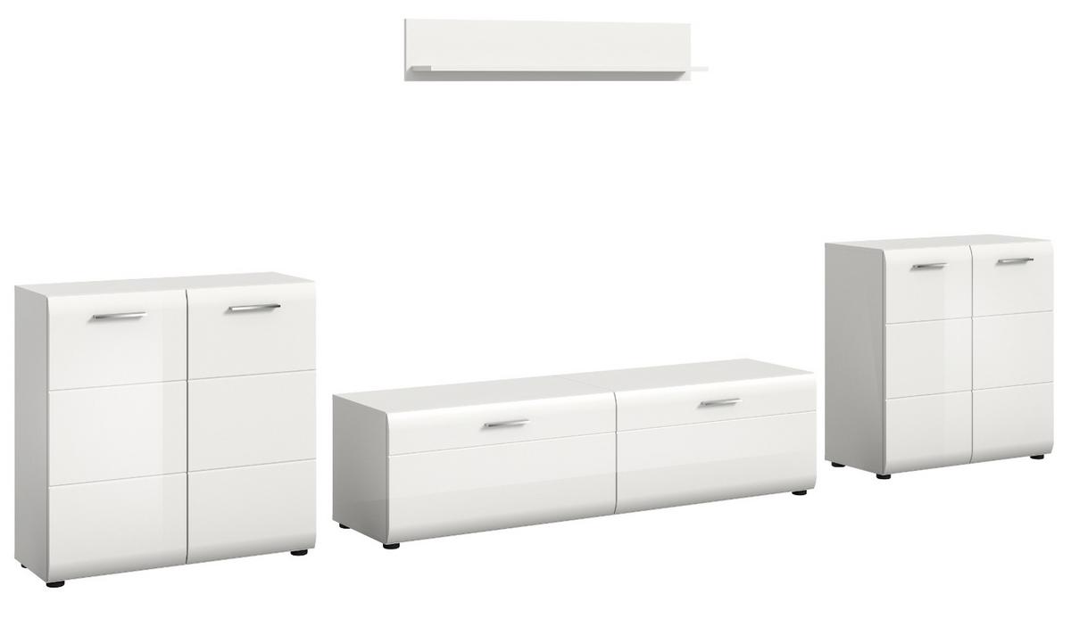 WOHNWAND weiß Hochglanz 4-teilig 350 cm, Schrankwand mit viel Stauraum - Weiß Hochglanz/Silberfarben, Glas/Holzwerkstoff (350/160/41cm) - Inn.Furn