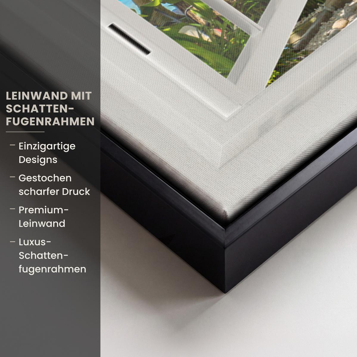 LEINWAND Bilder mit Rahmen - Aussicht - Baum - Meer - Palme - Hügel - Strand - Blau - 100x70 - Blau, Textil (100/70cm) - MuchoWow