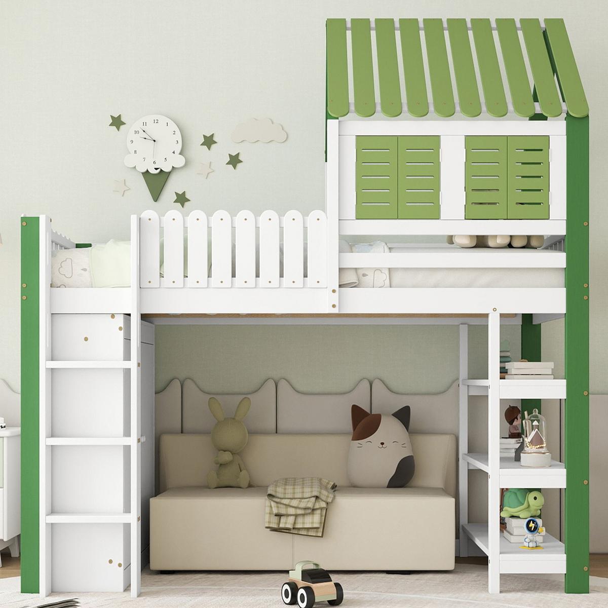 HOCHBETT, KINDERBETT Mit Leiter und Stauraum Grün und Weiß - Weiß/Grün, Holzwerkstoff - Urban Meuble