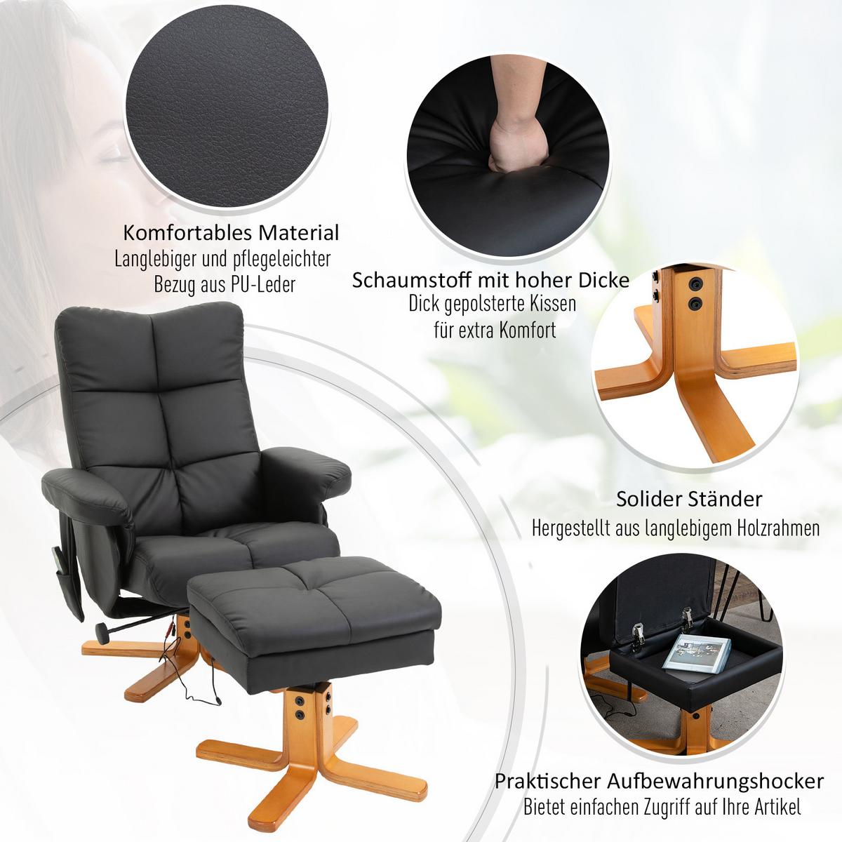 RELAXSESSEL mit Liegefunktion Massagesessel mit Fußhocker Polyester Schwarz - Anthrazit/Schwarz, Leder/Holz (86/99/80cm) - HOMCOM