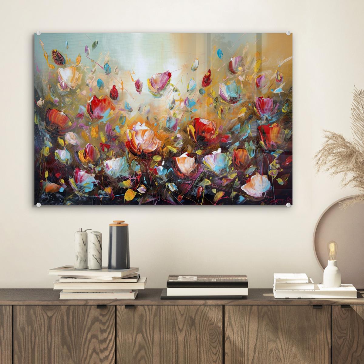 ACRYLGLASBILD Blumen - Kunst - Natur - Ölgemälde Wanddeko 60x40 cm - Multicolor, Glas (60/40cm) - MuchoWow
