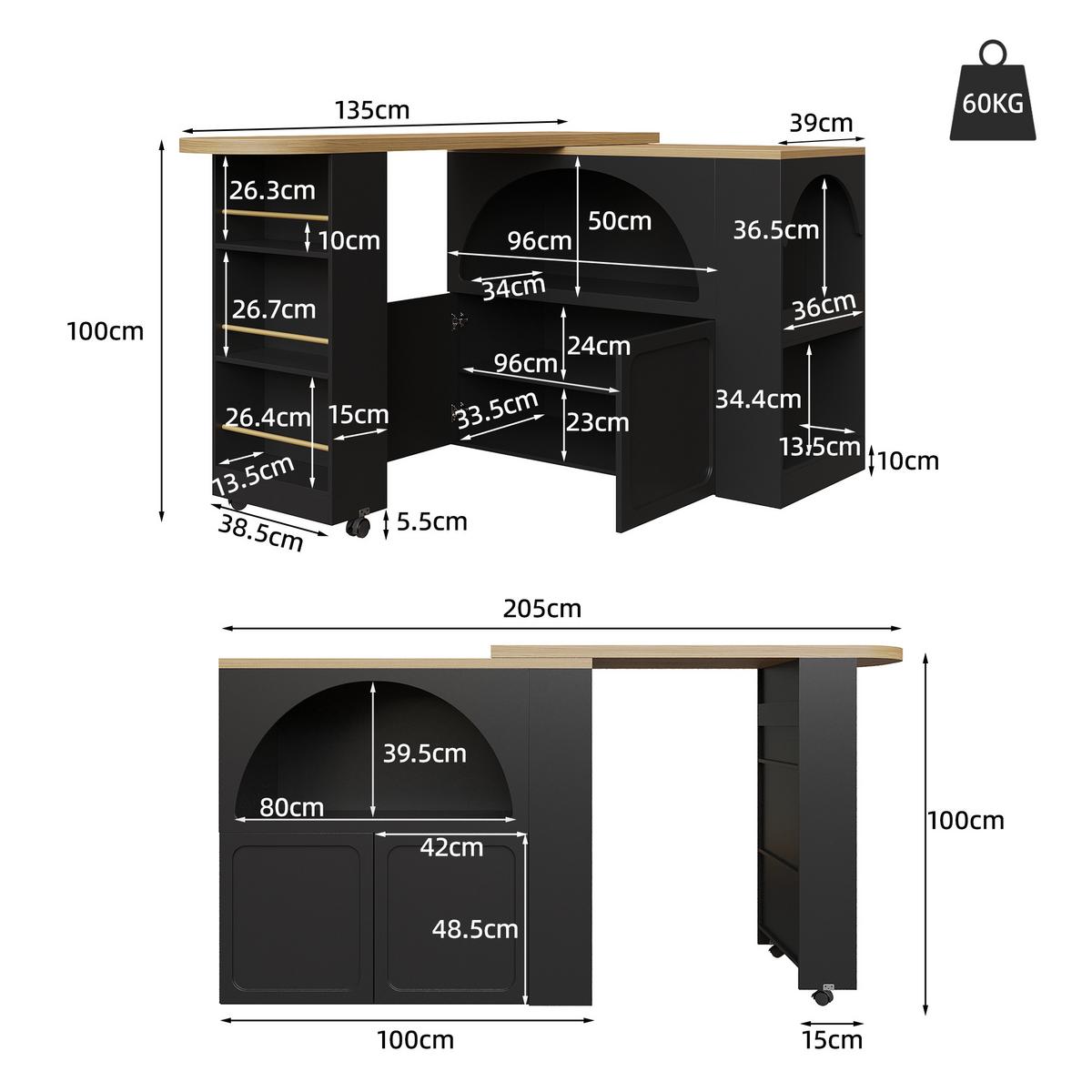 BARTISCH Ausziehbar 138-220cm Holzoptik mit Weinregal & Schubladen - Schwarz, Holzwerkstoff (39/205/100cm) - Urban Meuble
