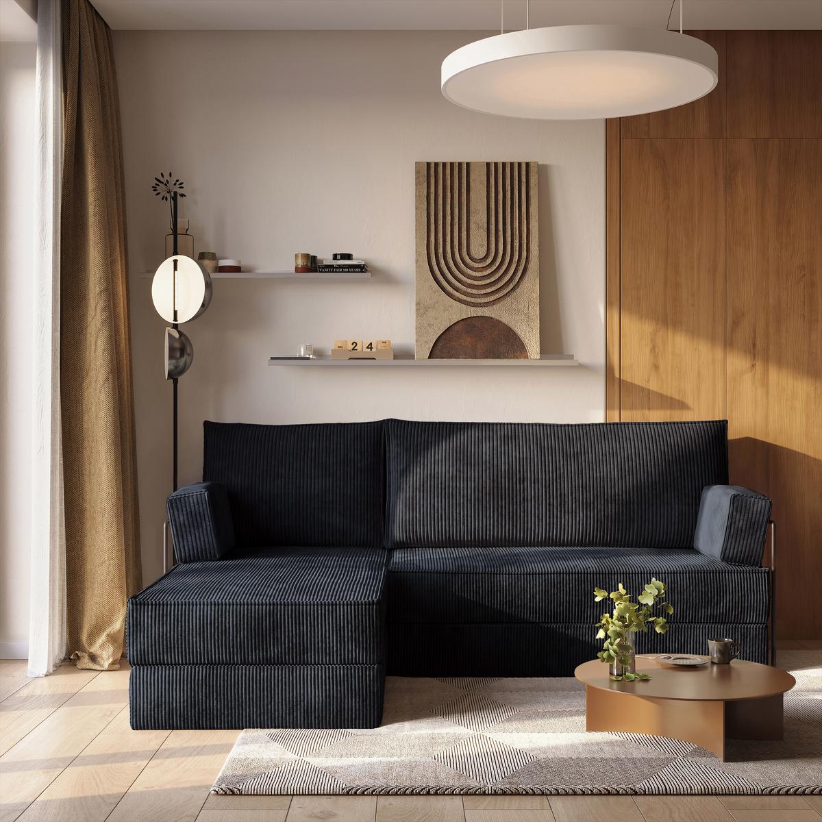 ECKSOFA NOTIA modulares Boneless Sofa mit Schlaffunktion Schwarz Kordstoff - Schwarz, Textil (200/120cm) - MASSENO