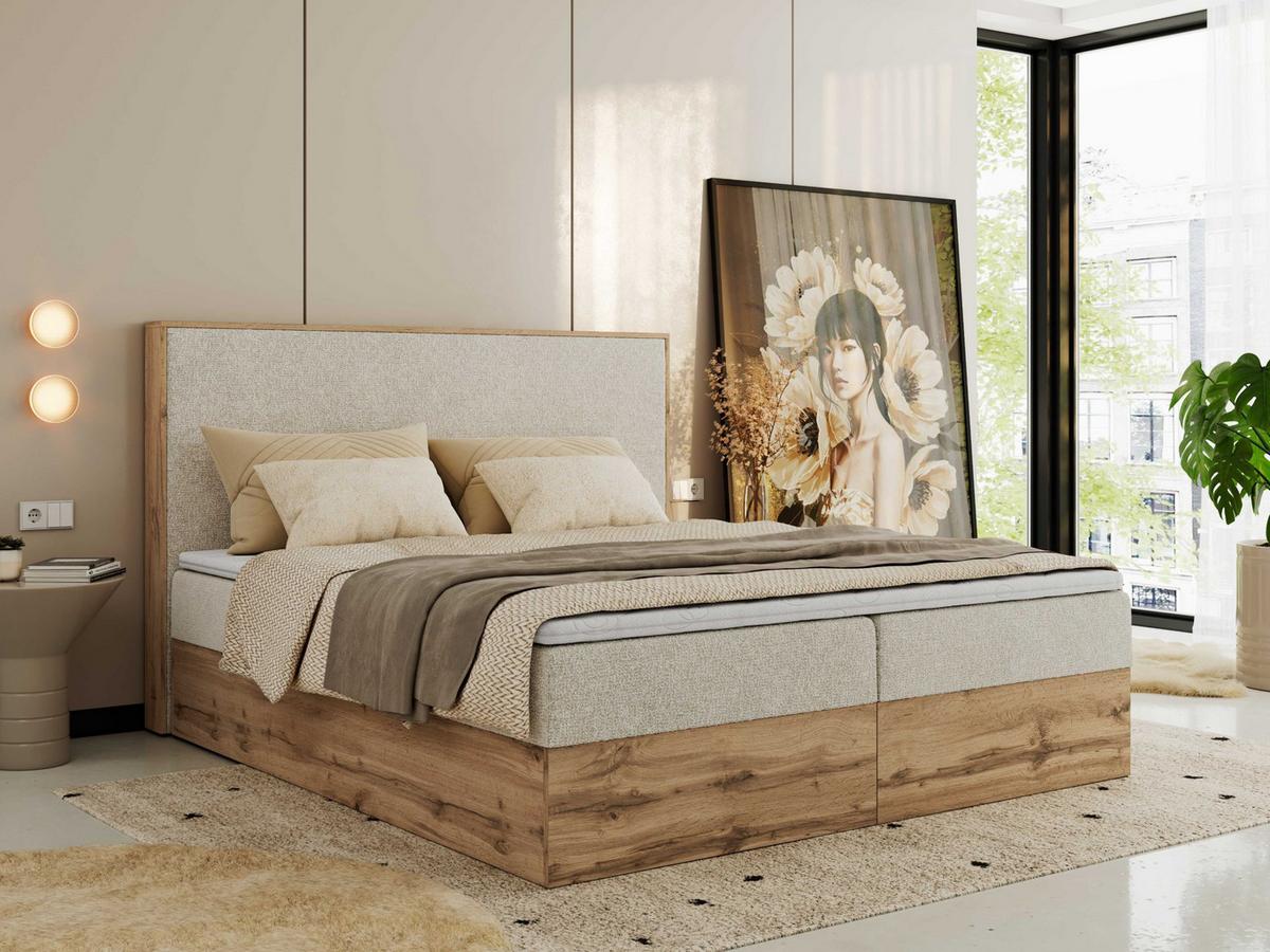 BOXBETT WOOD CLASSIC 160/200 - Creme Strukture - H4 - Creme, Textil (160/200cm) - MKS
