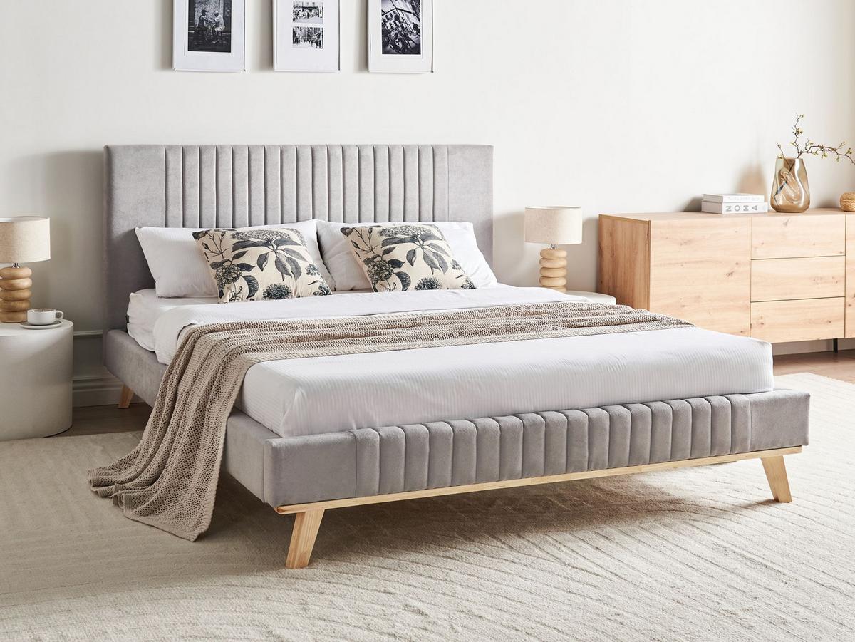 BETT mit Lattenrost 160/200 cm Hellgrau Talence - Hellgrau/Braun, Textil (160/200cm) - Beliani