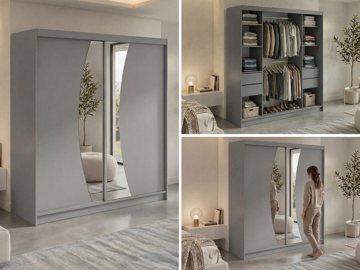 SCHWEBETÜRENSCHRANK mit Schubladen 200 - VERONA - Grau mit Spiegel - Alufarben/Grau, Holzwerkstoff/Metall (200/216/61cm) - MKS