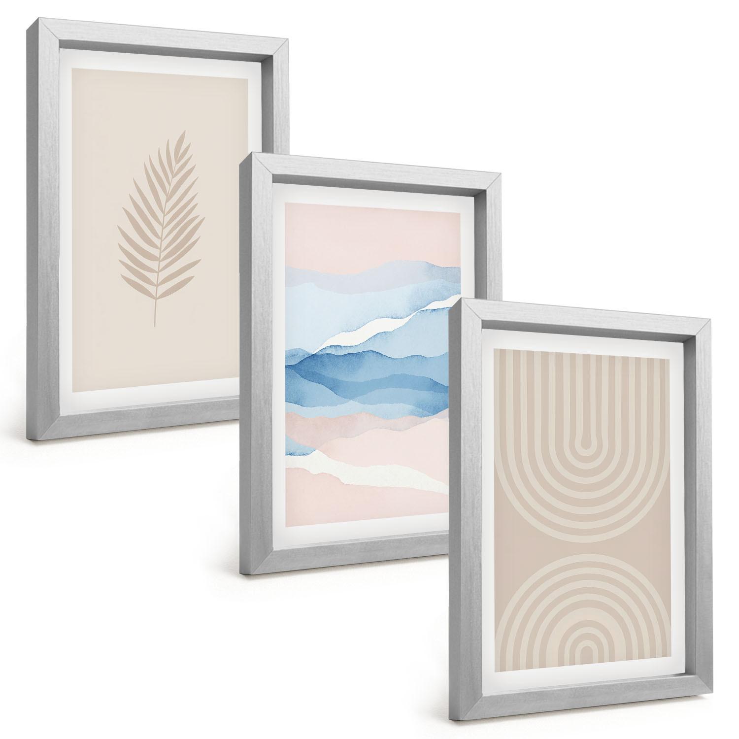 BILDER SET 3er Set - 20x30 cm Silberner Rahmen - Blätterwellen beige blau - Silberfarben, Kunststoff (20/30cm) - TULUP