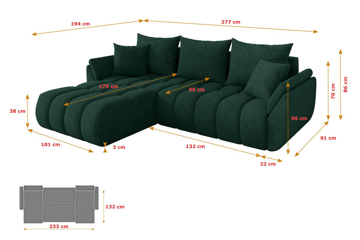 ECKSOFA mit Schlaffunktion Ottomane Links TOKO-L-v1 277x194x86 Grün Velours - Schwarz/Grün, Holzwerkstoff/Kunststoff (277/194cm) - ALTDECOR
