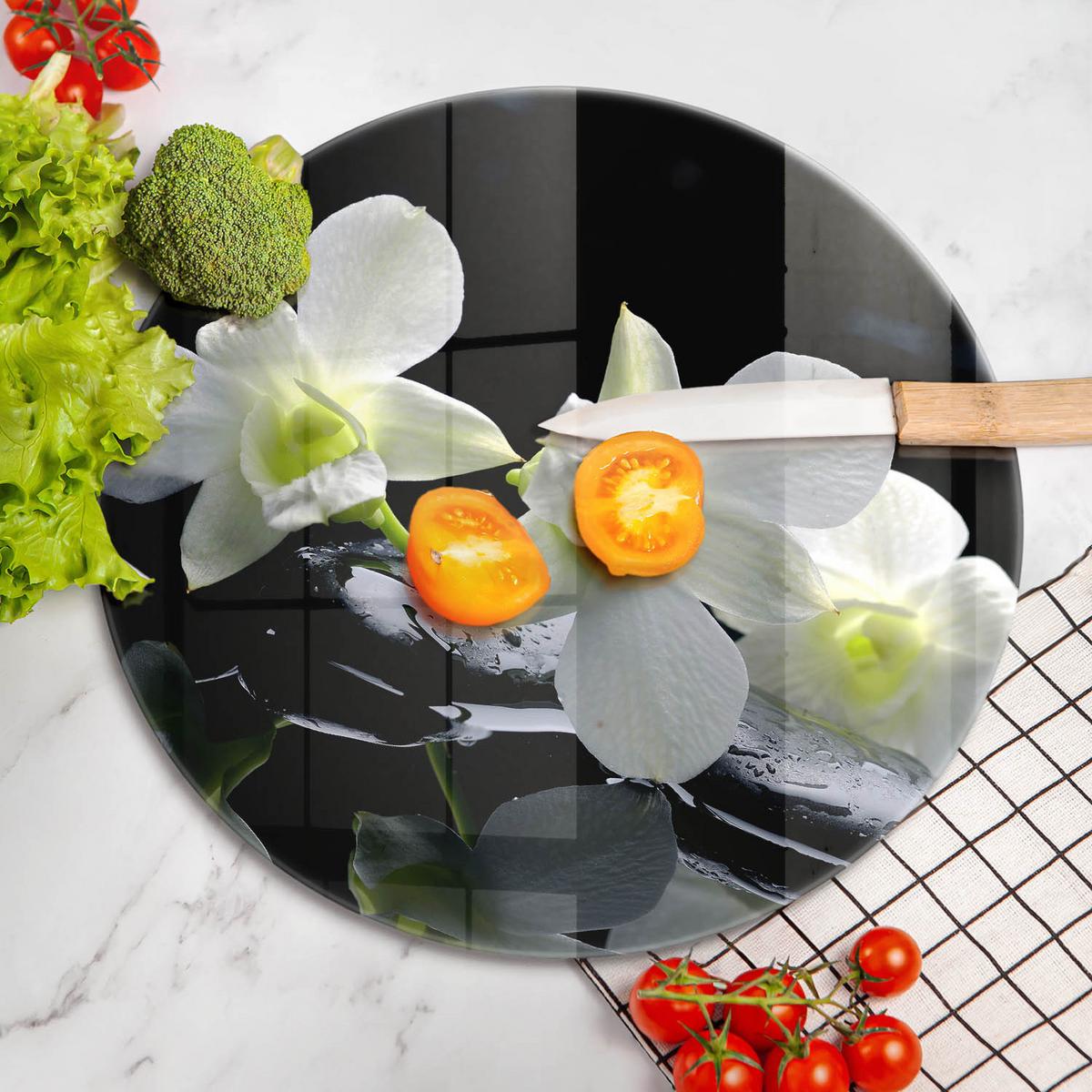 GLASPLATTE Ø 40 cm Zen Weiße Blumen im Wasser - Nickelfarben, Glas (40/40cm) - Wallfluent