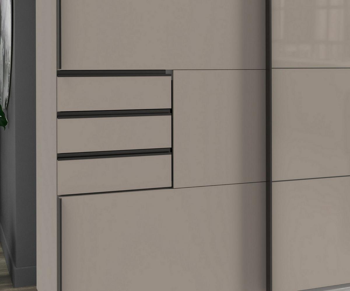 SCHWEBETÜRENSCHRANK 3-türig B270/H208/64 cm, Sandgrau, Mitteltür Glas, Kleiderschrank mit Schubladen & Vollausstattung, / 22614 - Sandfarben/Schwarz, Holzwerkstoff/Metall (270/208/64cm) - luma-home