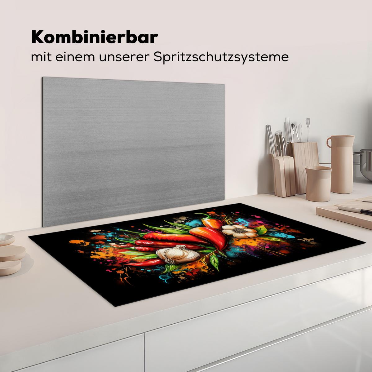 HERDABDECKPLATTE Gemüse - Paprika - Knoblauch - Graffiti - Farbe - Bunt Induktionsschutz 89.6x51.6 cm - Rot, Kunststoff (89.6/51.6/0.2cm) - MuchoWow