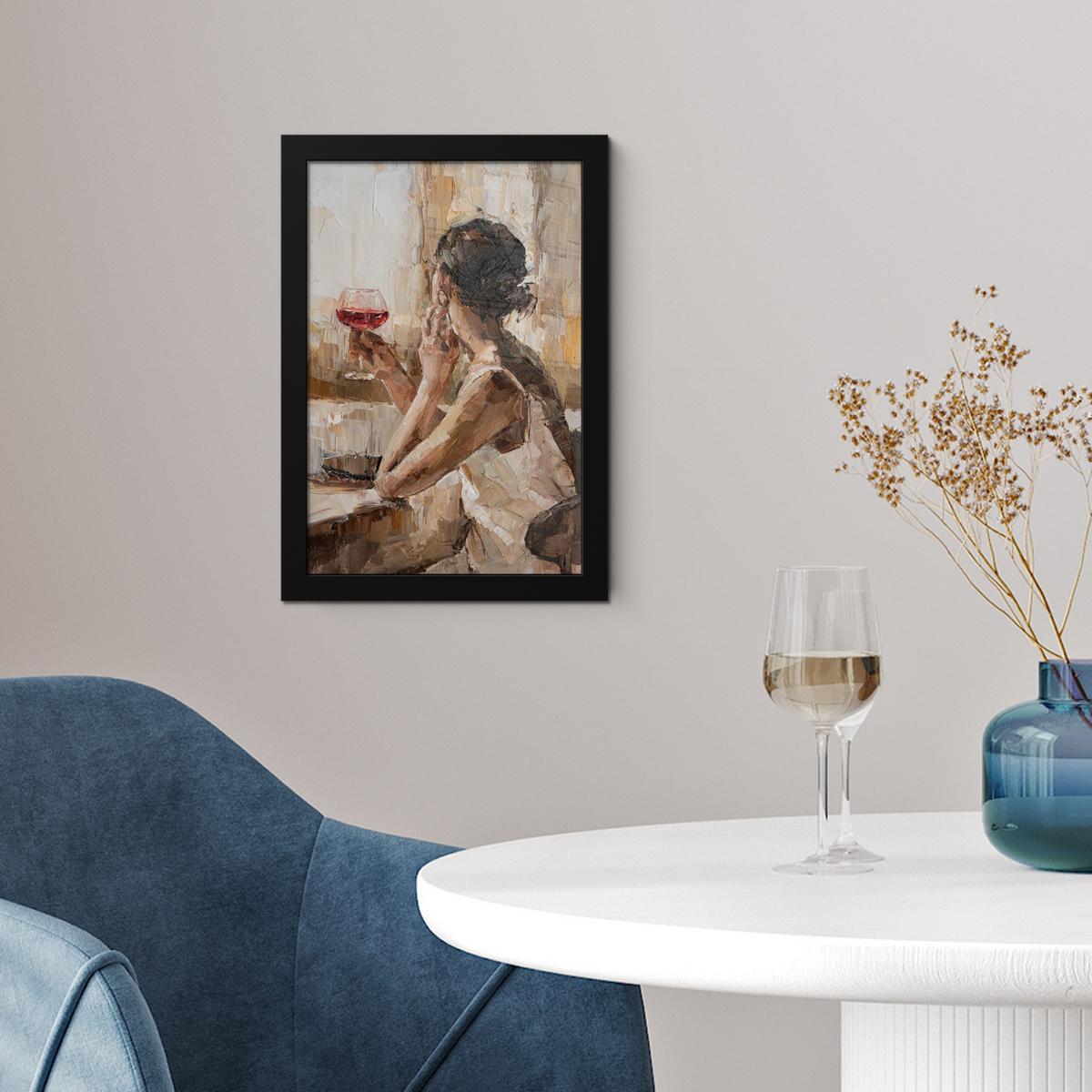 POSTER MIT RAHMEN Ölgemälde - Frau - Wein Poster 20x30 cm - Hellbraun, Papier (20/30cm) - MuchoWow
