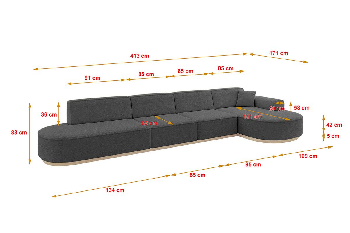 ECKSOFA Ottomane Rechts MARI-L3-v1 - 413x171x83 cm Grau Bouclé - Grau, Holzwerkstoff/Textil (171/413cm) - ALTDECOR