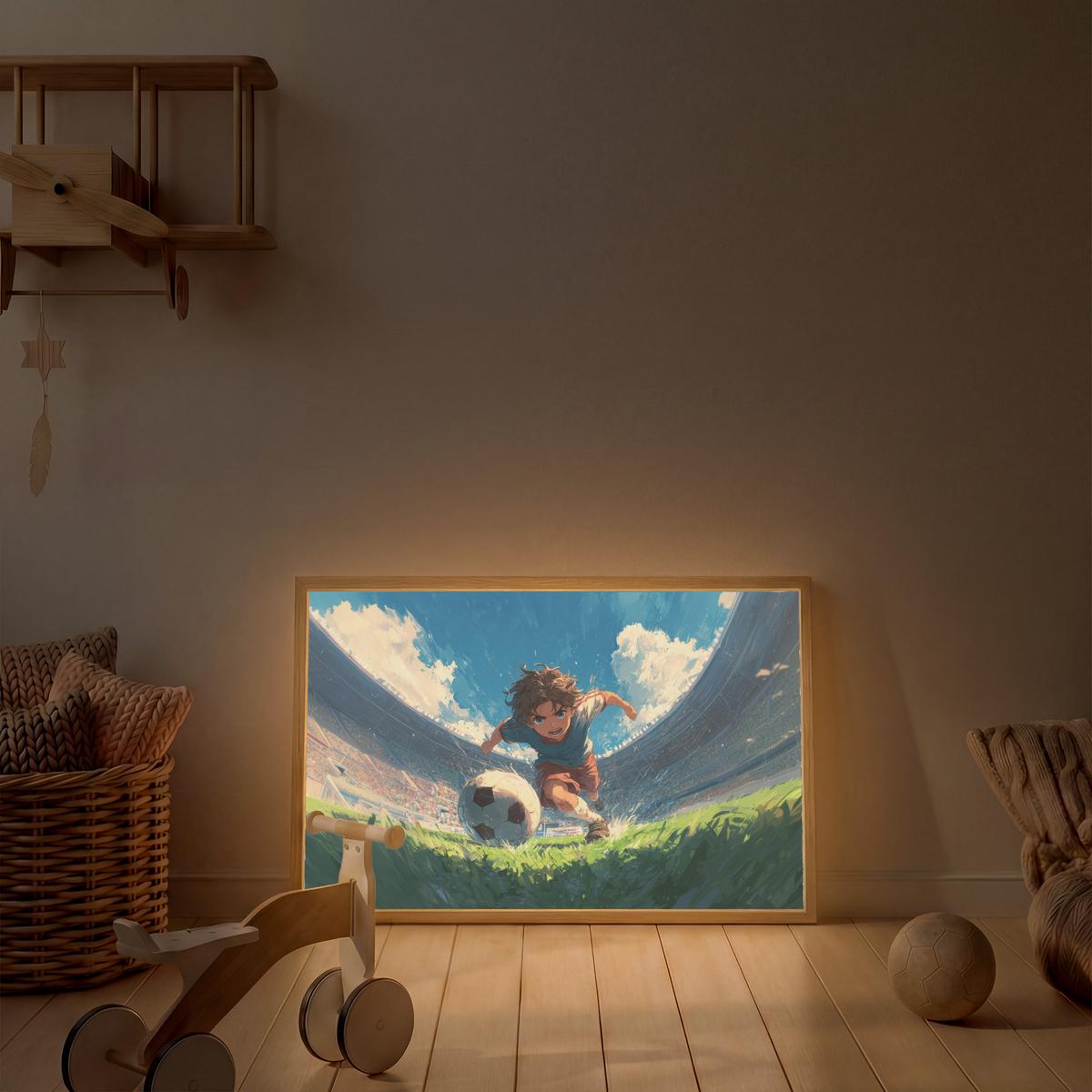 WANDLEUCHTE MIT AKKU Stadion - Fußballer - Ball 100x70 cm - Blau, Holzwerkstoff (100/70/8cm) - OnlyWow