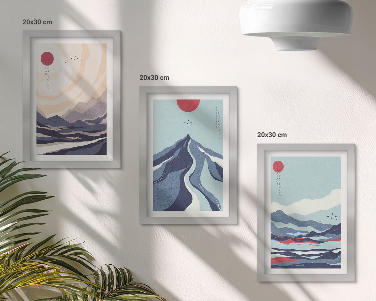 BILDER SET 3er Set - 20x30 cm Silberner Rahmen - Abstrakte japanische Berge - Silberfarben, Kunststoff (20/30cm) - TULUP