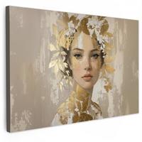 LEINWANDBILD Gesicht - Frau - Blätter - Gold Gemälde 60x40 cm - Beige, Textil (60/40cm) - MuchoWow