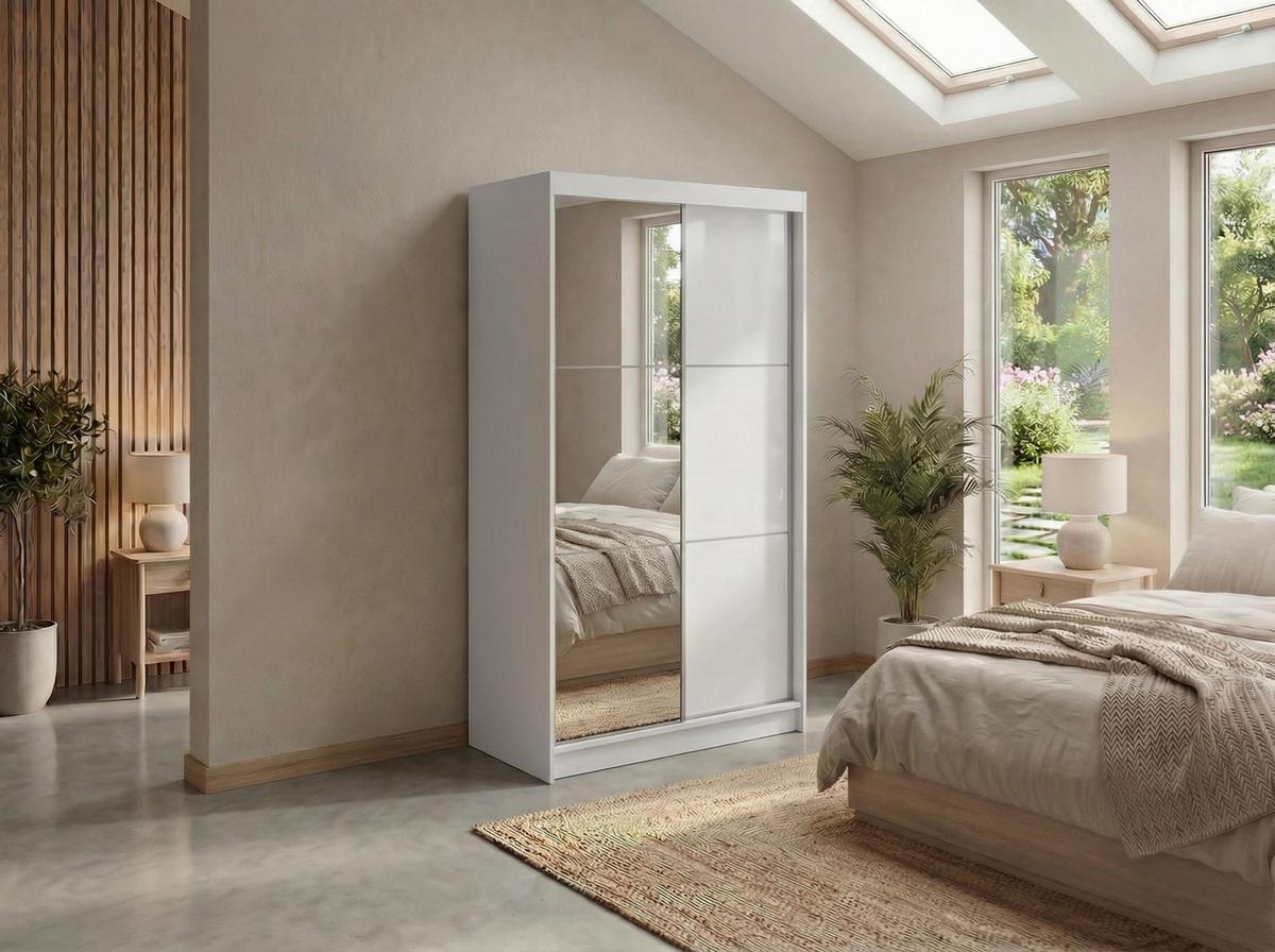 SCHWEBETÜRENSCHRANK mit Spiegel - WALENCJA - 120 - Weiß lacobel - Alufarben/Weiß, Holzwerkstoff/Metall (120/216/61cm) - MKS