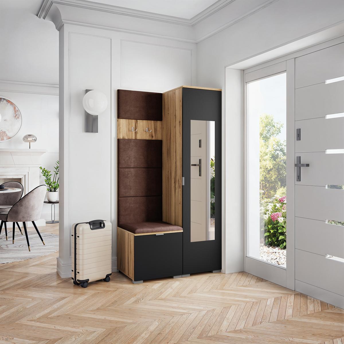 GARDEROBENSCHRANK VIRA 95/181/51 cm Modern Garderobe-Set Eiche Wotan - Eiche Wotan/Schwarz, Holzwerkstoff (95/181/51cm) - MASSENO