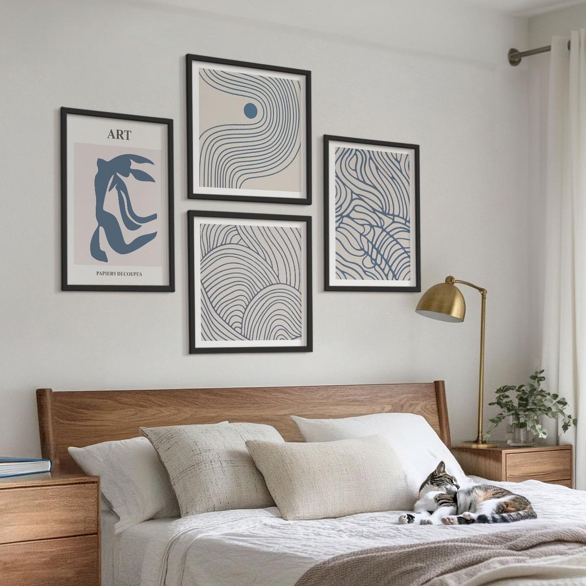 BILDER SET 4er Set - 50x50 cm & 40x60 cm Schwarzer Rahmen - Abstrakte blaue Linien - Schwarz, Kunststoff (50/50cm) - TULUP