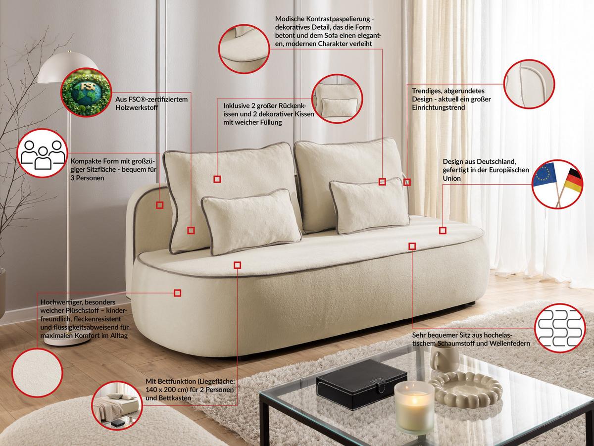 KINDERSOFA Vero im modernen und abgerundeten Design mit Schlaffunktion und Bettkasten aus Beige Plüschstoff mit tauper Paspel - Beige/Schwarz, Holz/Kunststoff (210/90/98cm) - S-Style Möbel