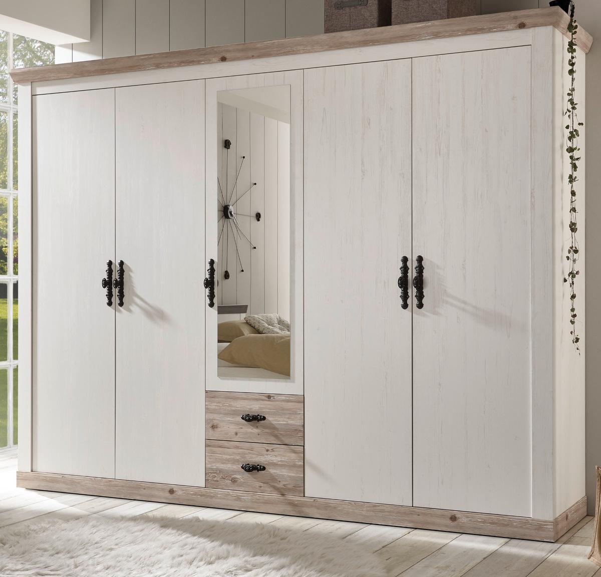 KLEIDERSCHRANK Pinie weiß, Oslo Pinie Landhaus, Drehtürenschrank 5-türig mit Spiegel, 265 x 201 cm - Anthrazit/Weiß, Holzwerkstoff/Metall (265/201/60cm) - Furn.Design