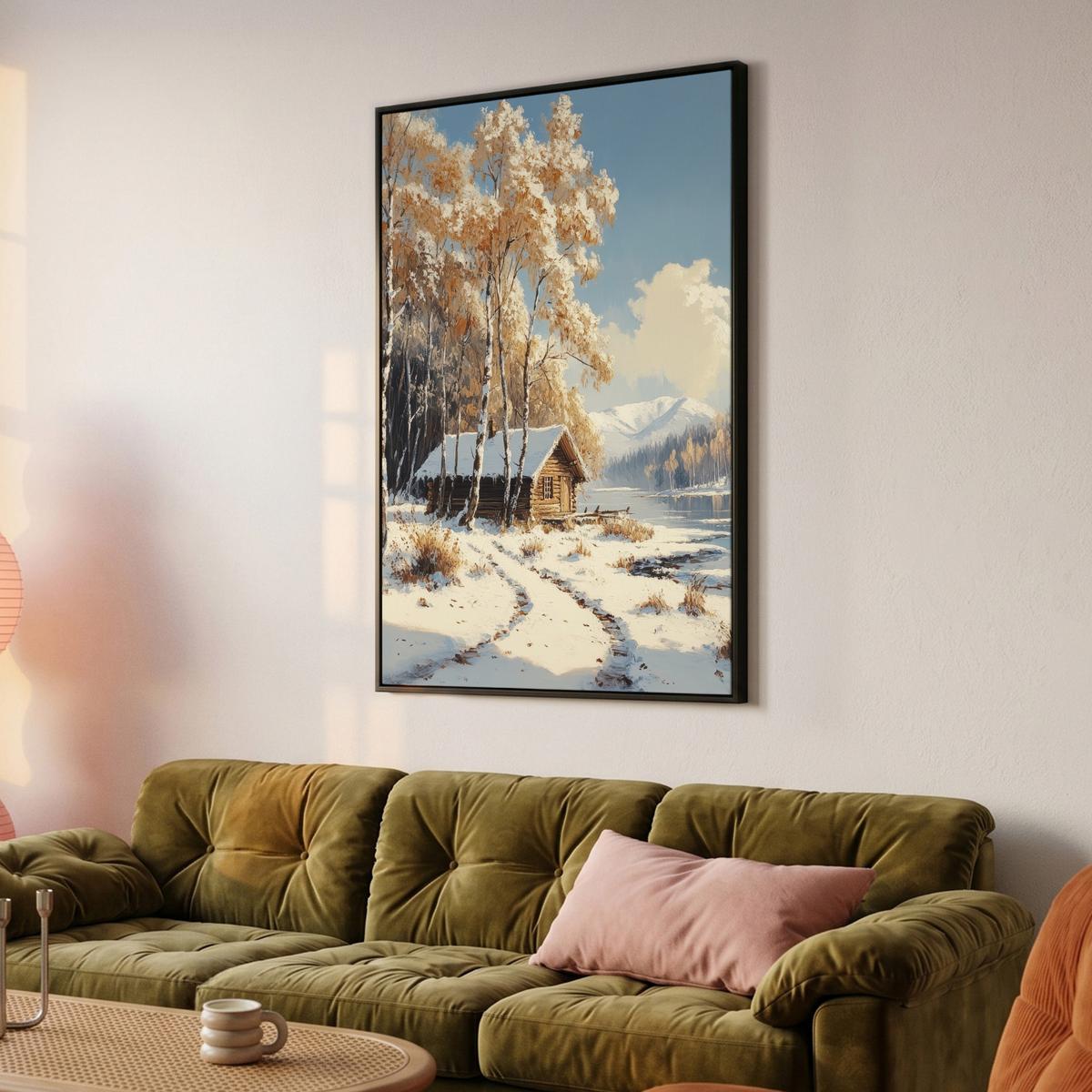 LEINWAND Bilder mit Rahmen - Winter - Schnee - Zuhause - Natur - 90x140 - Hellbraun, Textil (90/140cm) - MuchoWow