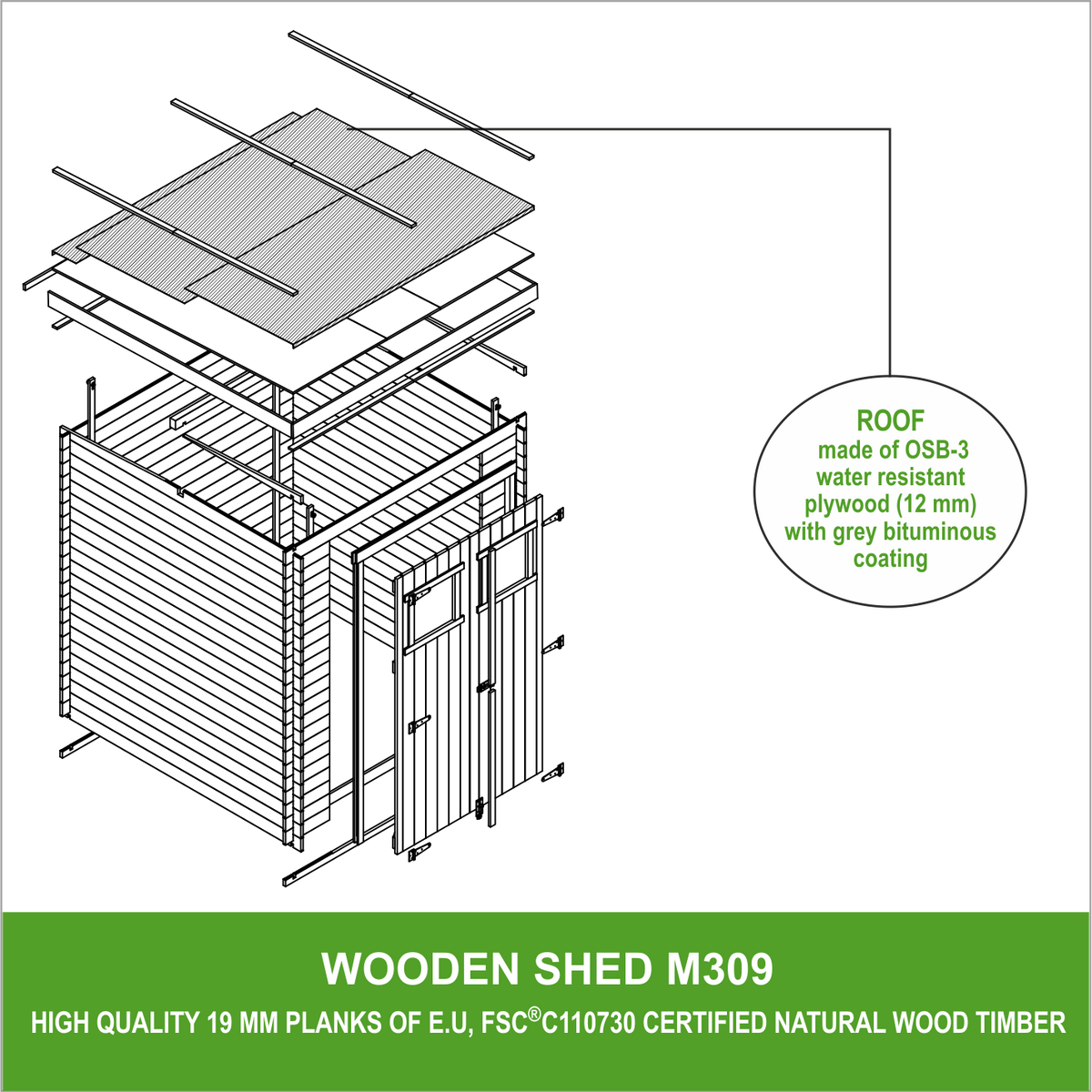 HOLZ-GARTENHAUS - B204xL204xH202 cm/ 3.53 m2 - M309 - Beige, Holz (204/200/204cm) - Timbela