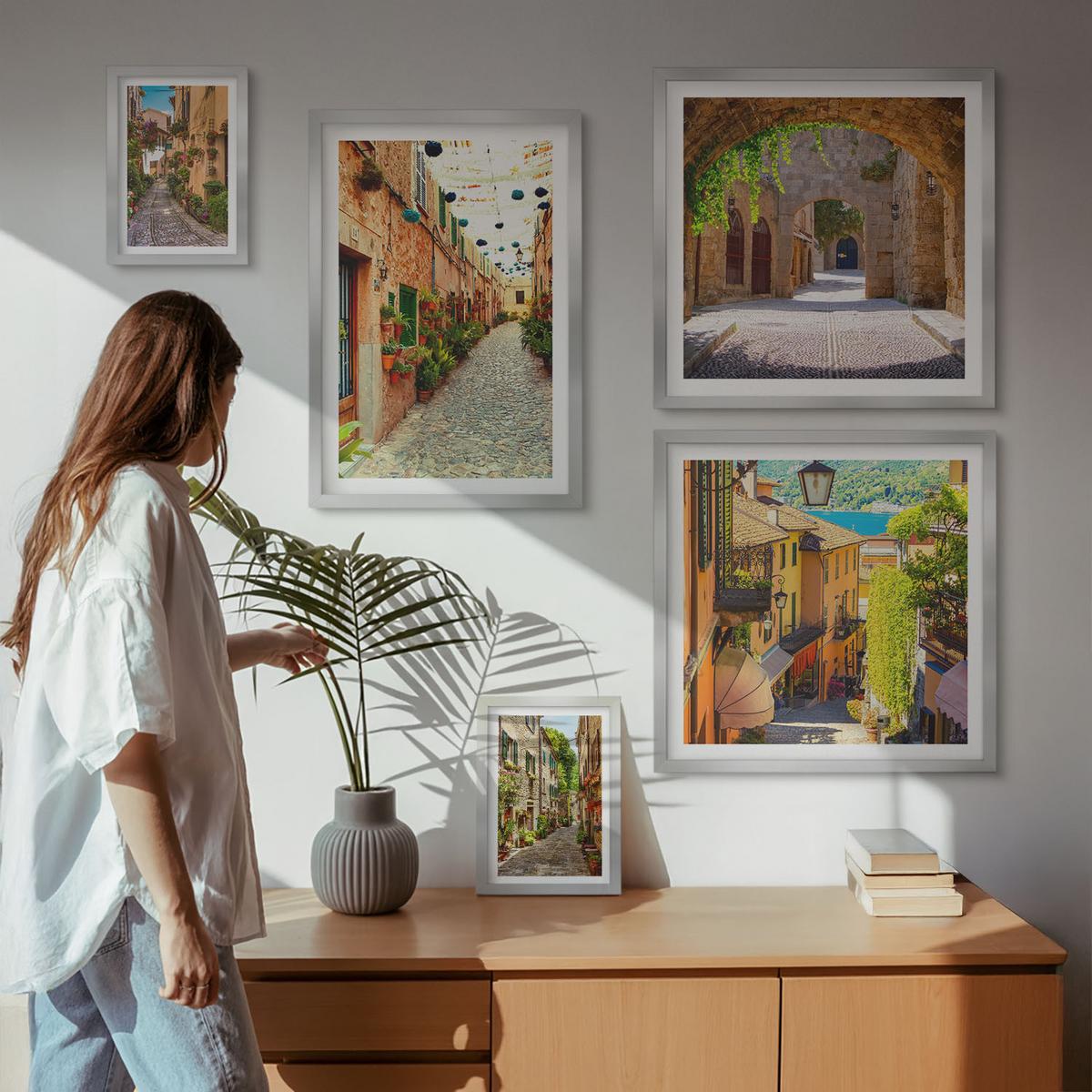 BILDER SET 5er Set - 50x50 cm & 20x30 cm & 40x60 cm Silberner Rahmen - Italienische Straßen, Blumen, Architektur - Silberfarben, Kunststoff (40/60cm) - TULUP