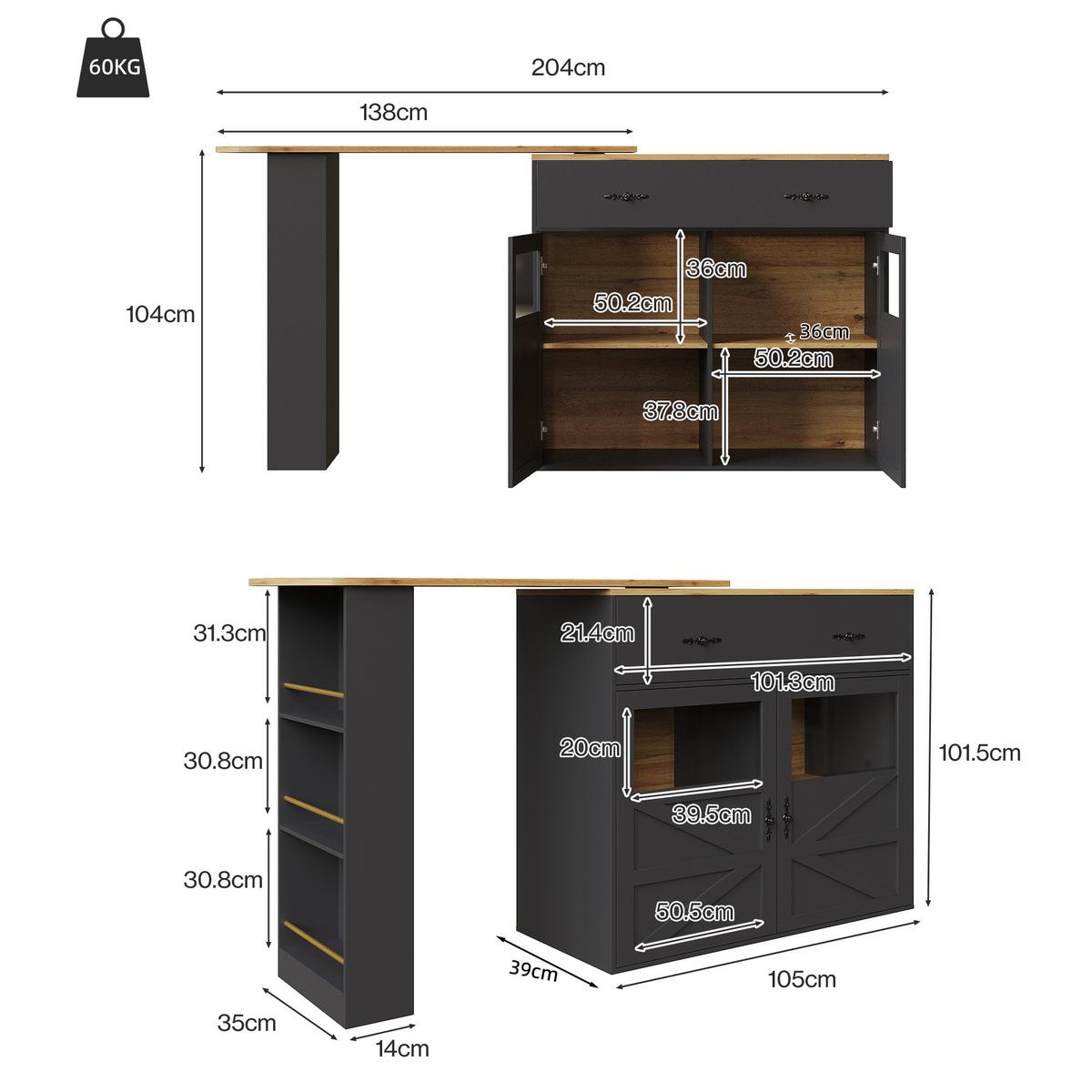 BARTISCH ausziehbarer mit Stauraum Schwarz - Schwarz, Holzwerkstoff (204/39/104cm) - Urban Meuble