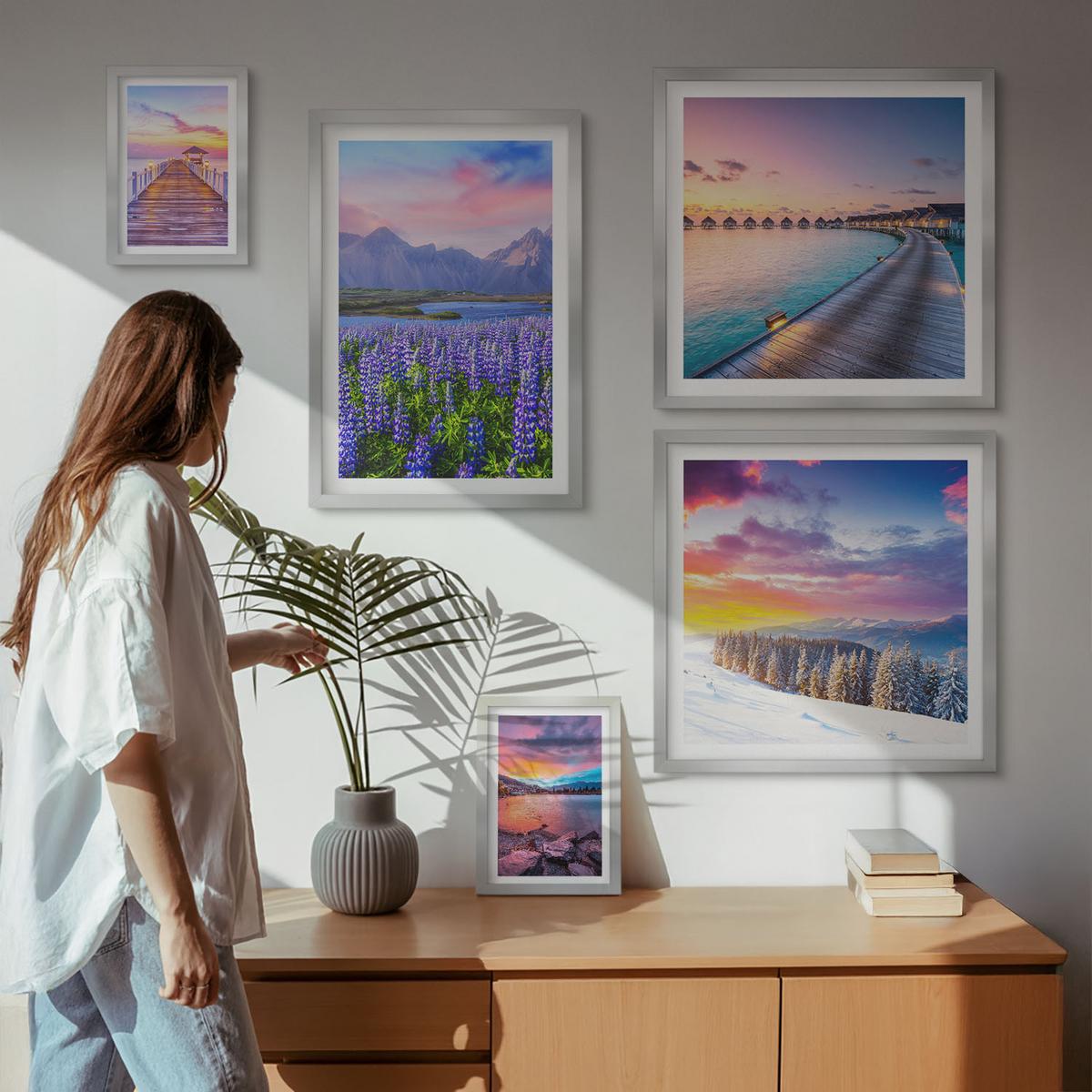 BILDER SET 5er Set - 50x50 cm & 20x30 cm & 40x60 cm Silberner Rahmen - Winterlandschaft des Pierbergs - Silberfarben, Kunststoff (40/60cm) - TULUP