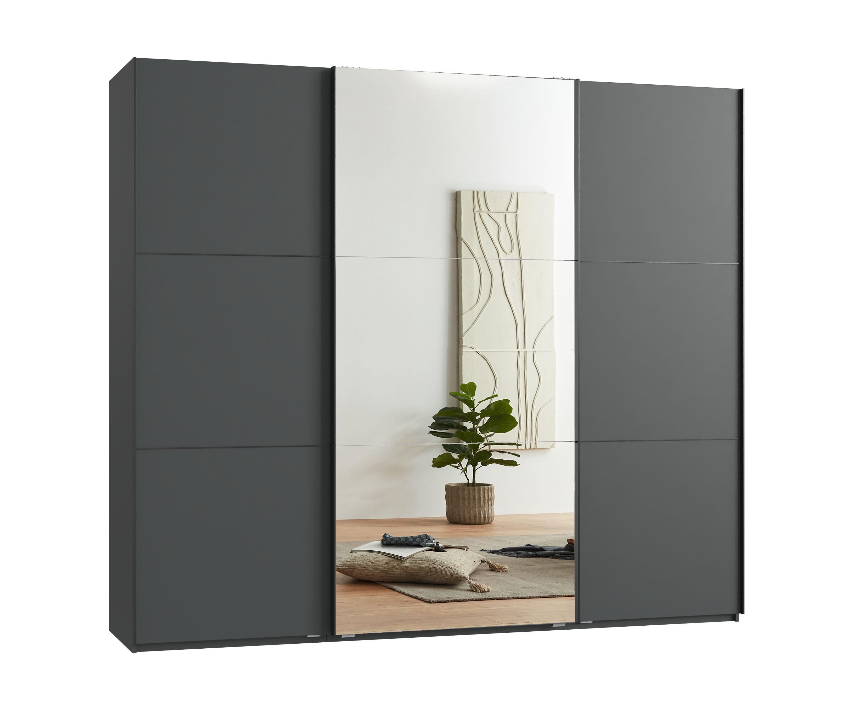SCHWEBETÜRENSCHRANK 3-türig B250/H216/T65 cm in Anthrazit, eine Spiegeltür, Kleiderschrank inkl. Vollausstattung / 22015 - Anthrazit/Rot, Holzwerkstoff/Metall (250/216/65cm) - luma-home