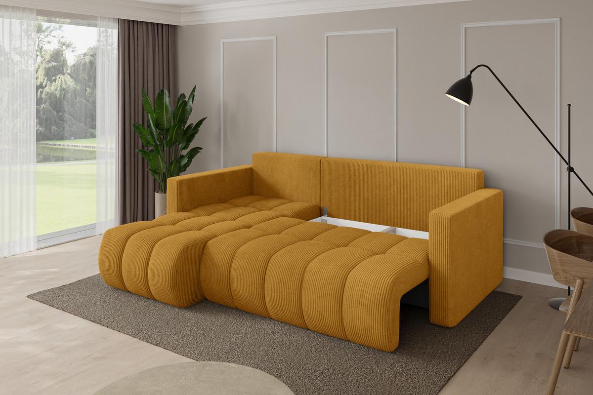 ECKSOFA mit Schlaffunktion Ottomane Links GARD-L 226x146x85 Senfgelb Cord - Dunkelgelb/Schwarz, Holzwerkstoff/Kunststoff (226/146cm) - ALTDECOR