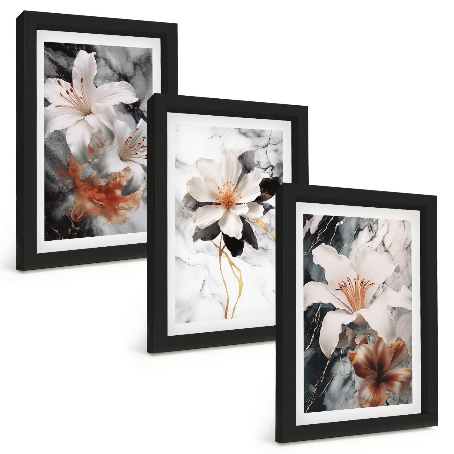 BILDER SET 3er Set - 20x30 cm Schwarzer Rahmen - Blumen Marmor weiß schwarz - Schwarz, Kunststoff (20/30cm) - TULUP