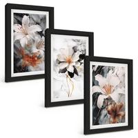 BILDER SET 3er Set - 20x30 cm Schwarzer Rahmen - Blumen Marmor weiß schwarz - Schwarz, Kunststoff (20/30cm) - TULUP