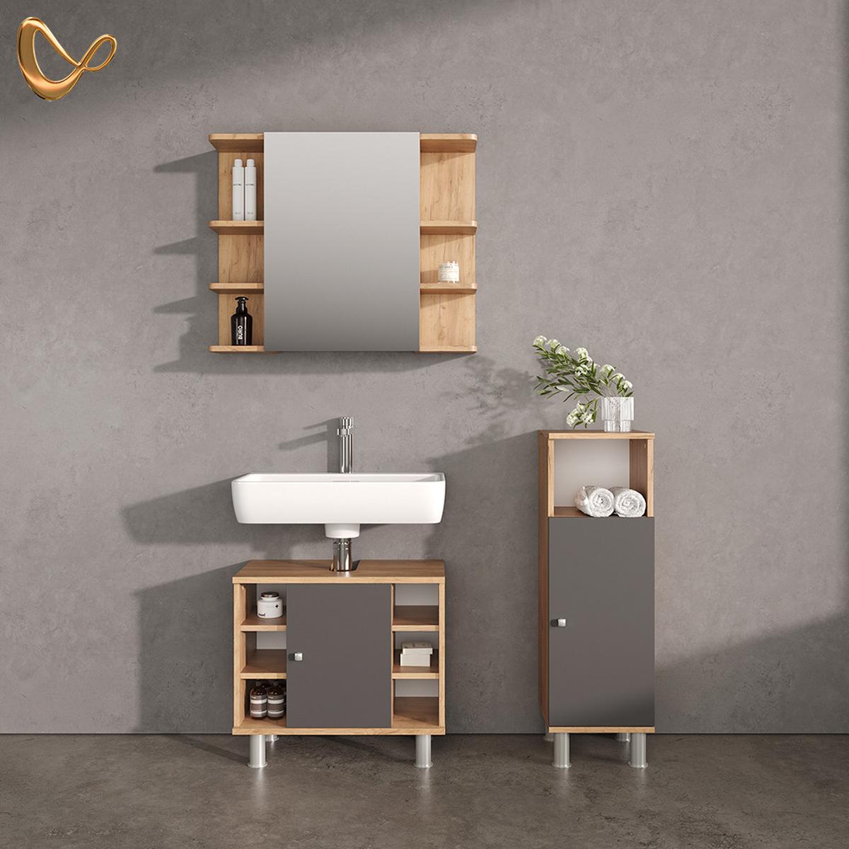 BADMÖBEL-SET Fucino Eiche 3 Teile, mit Midischrank - Eichefarben, Holzwerkstoff (79/64/21cm) - Livinity®