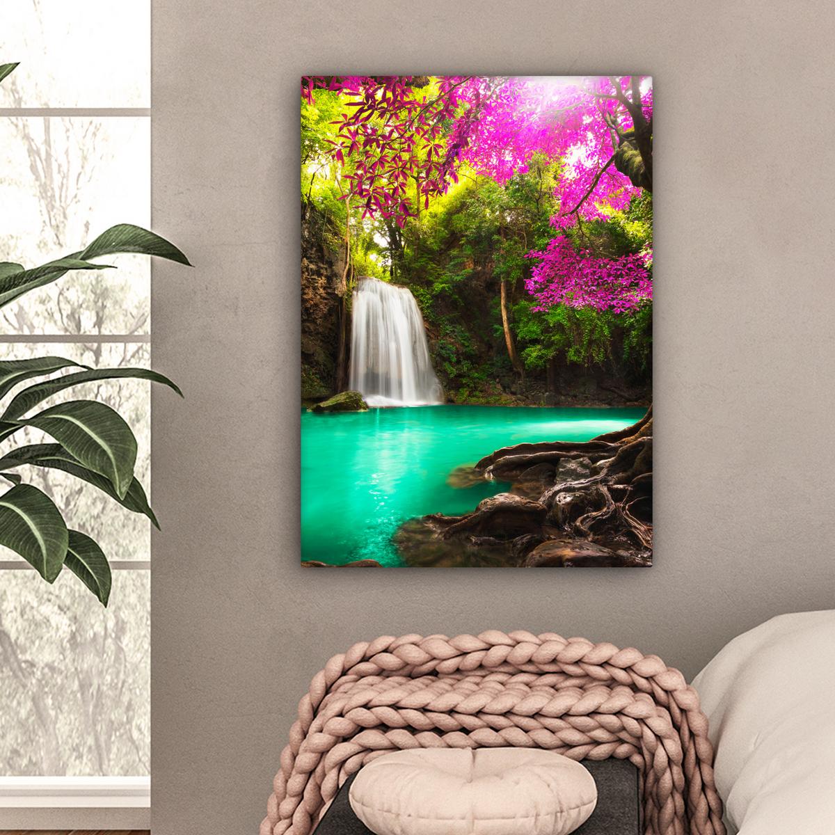 LEINWANDBILD Wasserfall mit bunten Blumen und Bäumen - Natur - Dschungel Wandbild Wohnzimmer 60x80 cm - Waldgrün, Textil (60/80cm) - MuchoWow