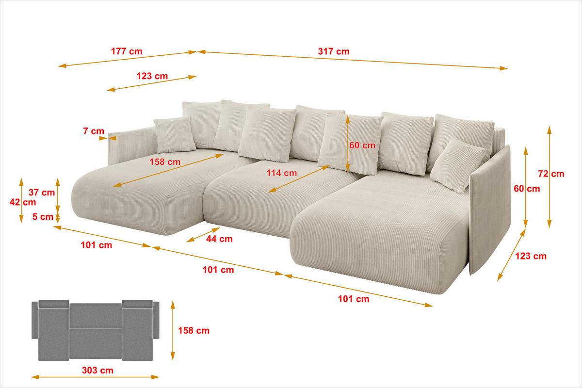 WOHNLANDSCHAFT mit Schlaffunktion und Bettkasten ONESK-U 317x177x72 Beige Cord - Beige, Holzwerkstoff/Kunststoff (317/72/177cm) - ALTDECOR