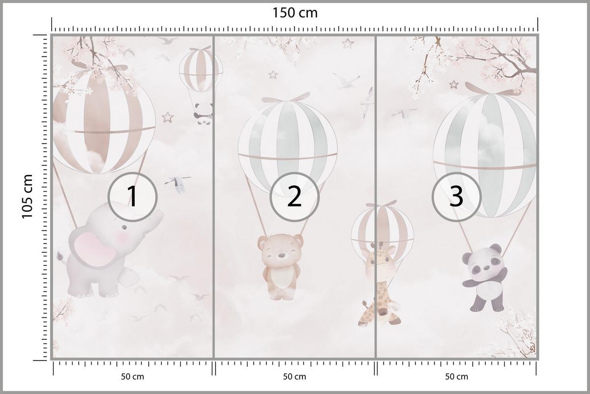 FOTOTAPETE für Kinderzimmer Tiere Himmel Elefant Giraffe Panda Vögel Ballons 150x105 - Multicolor, Papier (150/105cm) - Muralo