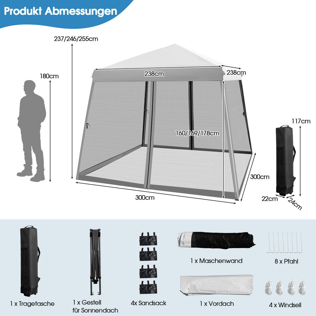 PAVILLON 3x3 m Grau - Grau, Kunststoff (300/255/300cm) - COSTWAY