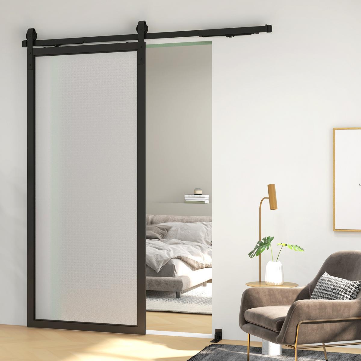SCHIEBETÜREN-BESCHLAGSATZ, 183 cm Komplett-Set mit Schienen, Rollen, Anti-Sprung-Vorrichtungen, Türstopper, Schwarz - Schwarz, Metall (0.5/4/183cm) - HOMCOM