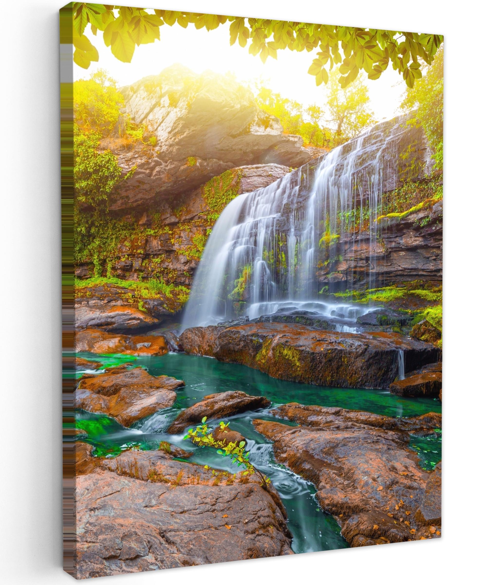 LEINWANDBILD Natur - Wasserfall - Pflanzen - Bäume - Sonne Room Decor 30x40 cm - Olivgrün, Textil (30/40cm) - MuchoWow