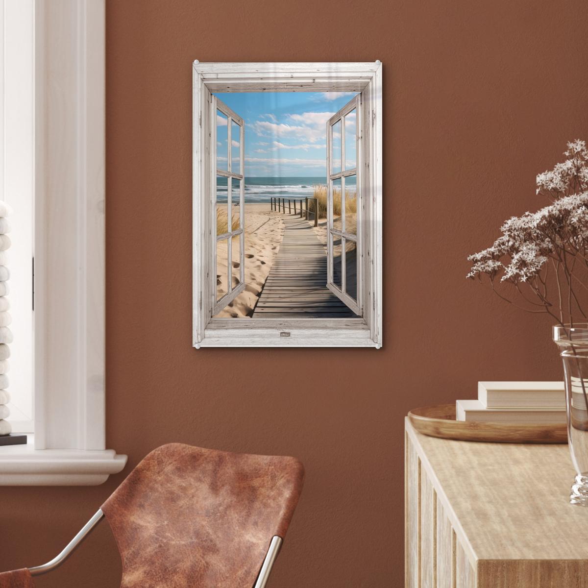 ACRYLGLASBILD Fenster - Meer - Küste - Natur - Ausblick - Strand - Wattenmeer Wanddeko Wohnzimmer 40x60 cm - Beige, Glas (40/60cm) - MuchoWow