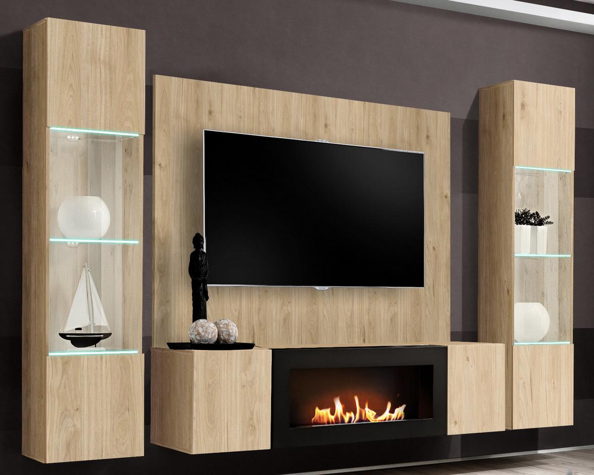 WOHNWAND Eiche Jackson 4-teilig 260 cm hängend, Anbauwand mit Ethanol Kamin - Eichefarben, Glas/Holzwerkstoff (260/170/40cm) - Inn.Furn
