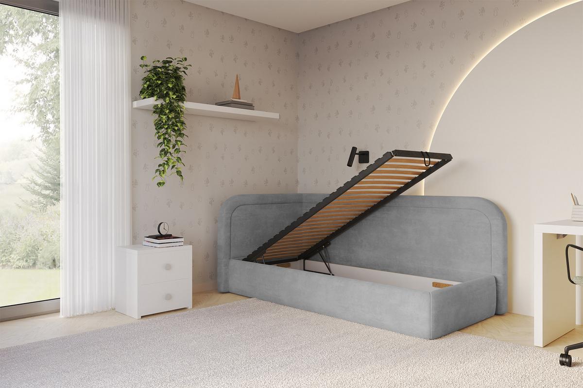 EINZELLBETT Jugendbett mit Bettkasten, Rechts - JOVY 80x200 Grau - Silberfarben, Holzwerkstoff/Textil (80/200cm) - ALTDECOR